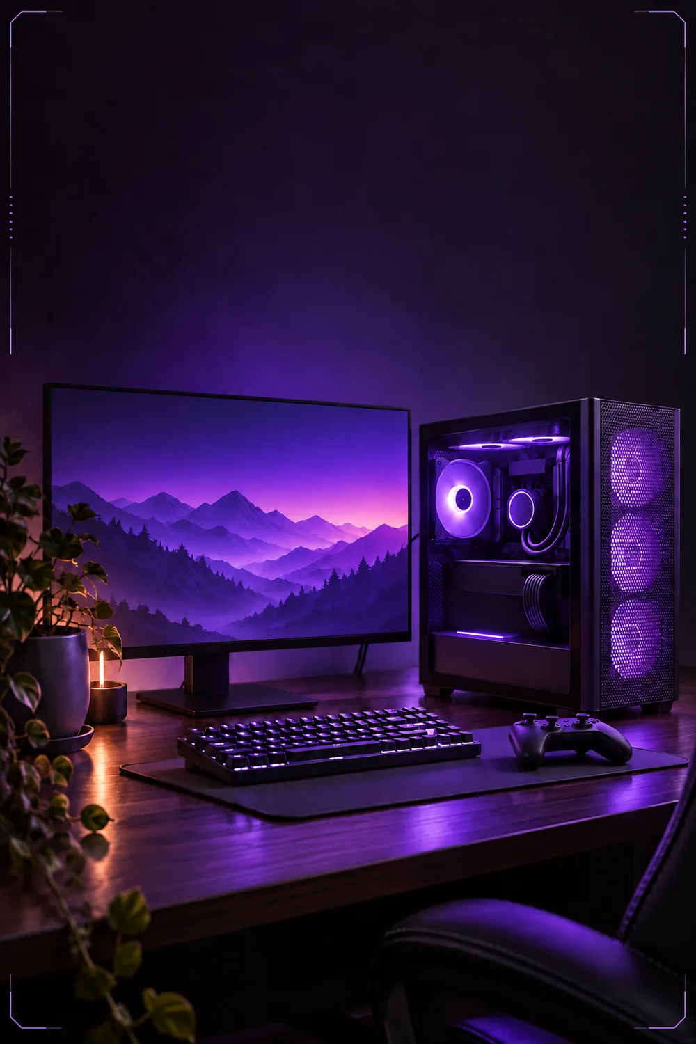 Compact budget gaming PC glowing violet on a tidy desk, vertical composition