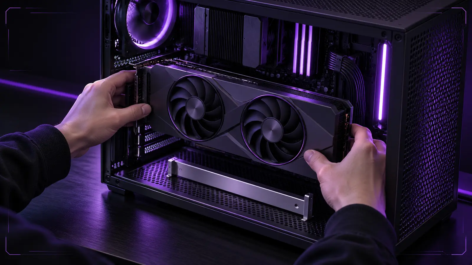 Hands fitting a dual-fan graphics card into a compact mesh micro-ATX case to check clearance