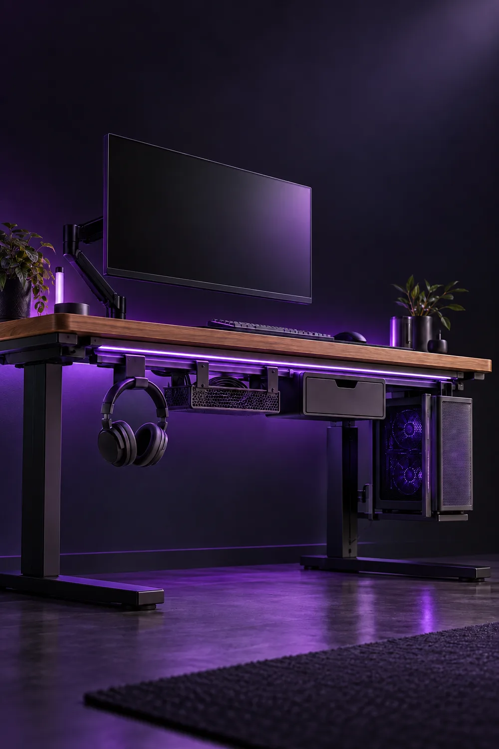 Sit-stand desk with an under-desk rail holding a headphone hook, cable tray and PC mount, vertical view