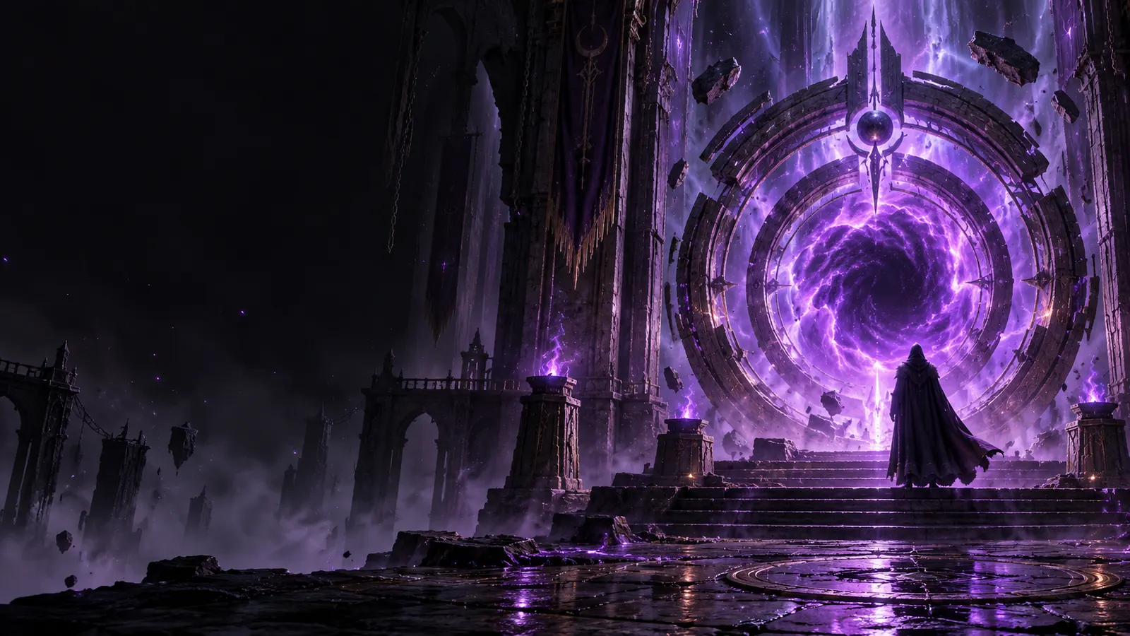 Ancient stone summoning portal swirling with violet energy in a dark fantasy hall