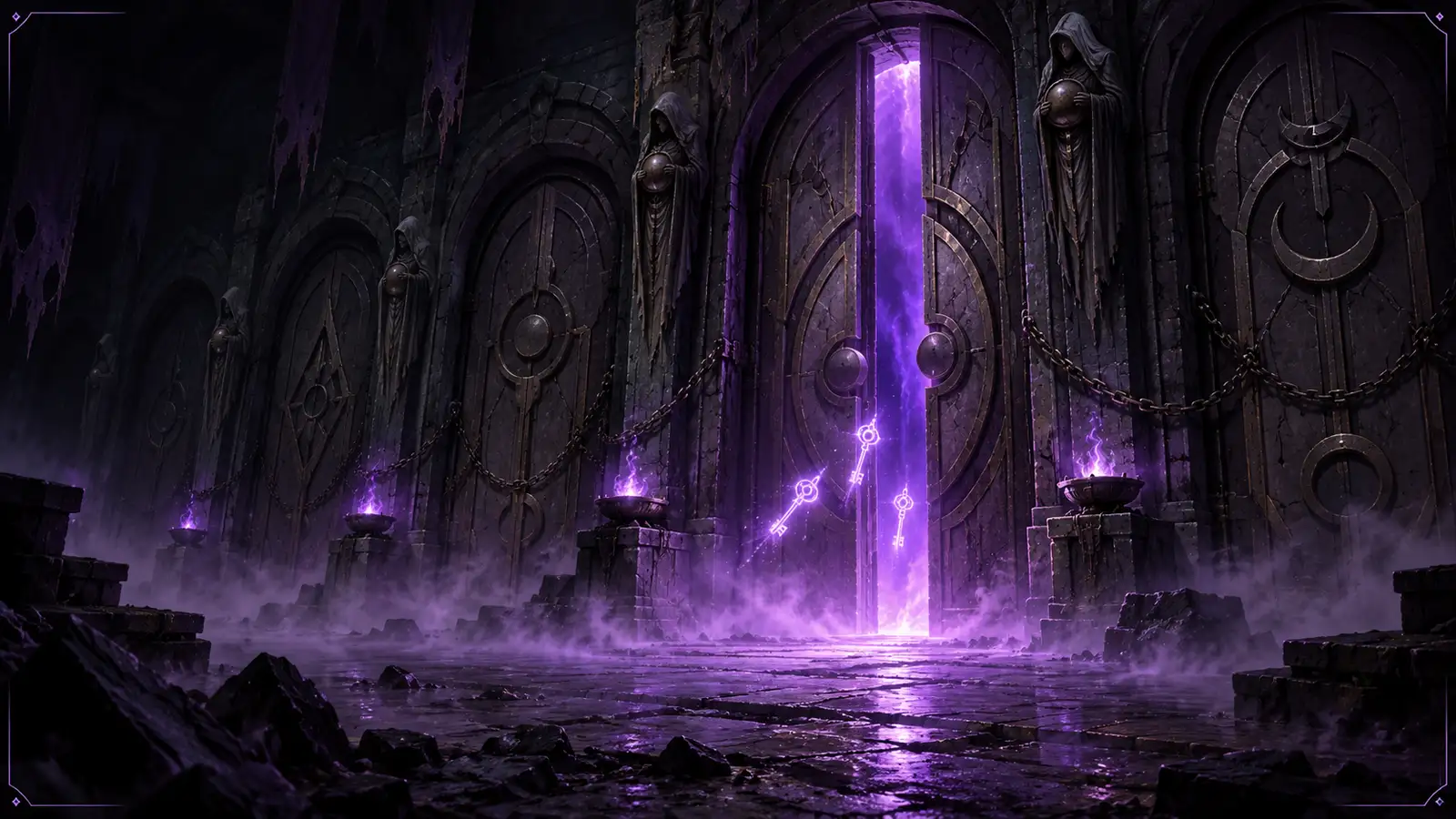 Row of sealed stone crypt gates with one glowing open, evoking the weekly Faction Crypt rotation