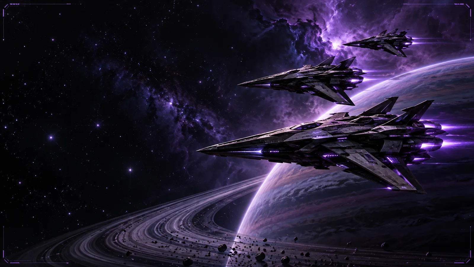 Original-design starship fleet over a ringed planet, open space to the left