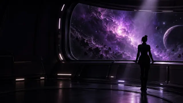 Silhouette at a starship viewport facing a violet nebula under a spotlight, open space to the left