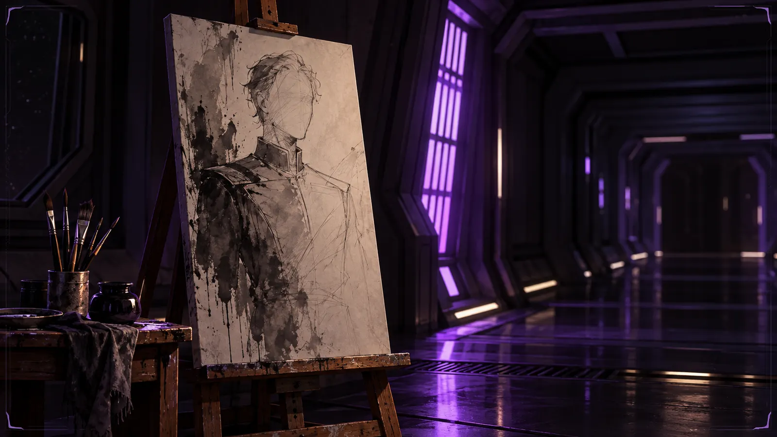 Easel with a sketched officer silhouette in a starship corridor, evoking the custom illustration prize