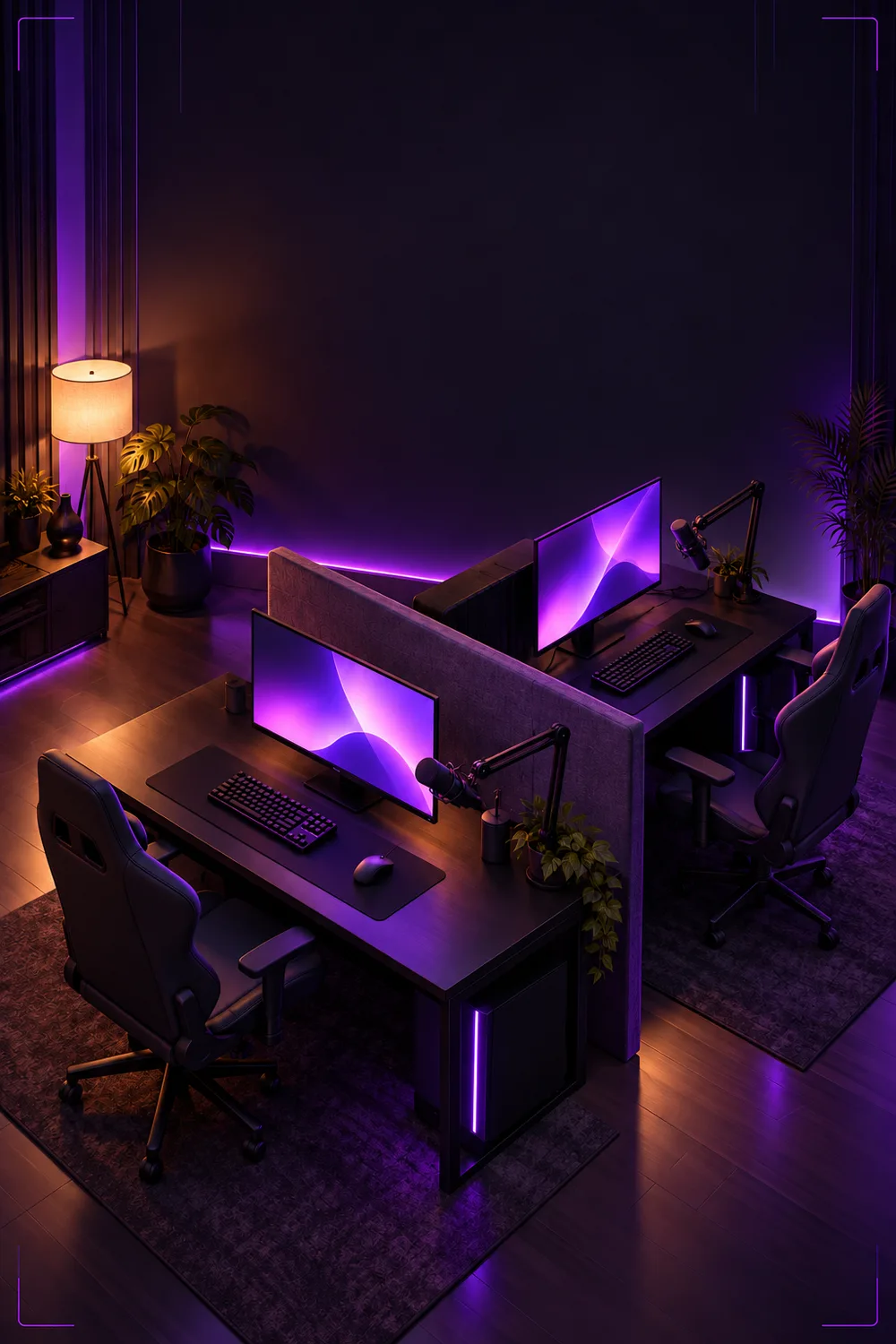 Two gaming desks placed back to back with a low divider panel, seen from above, vertical view