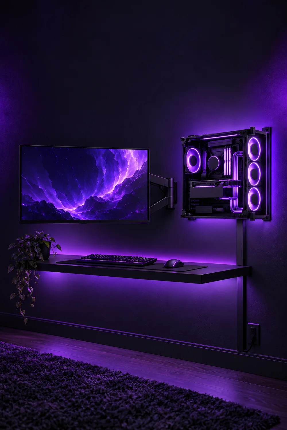 Gaming PC and monitor mounted on a wall above a floating desk, vertical view