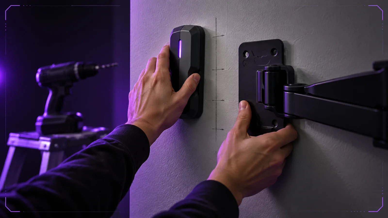Stud finder held against drywall beside pencil marks and a monitor-arm wall plate before drilling