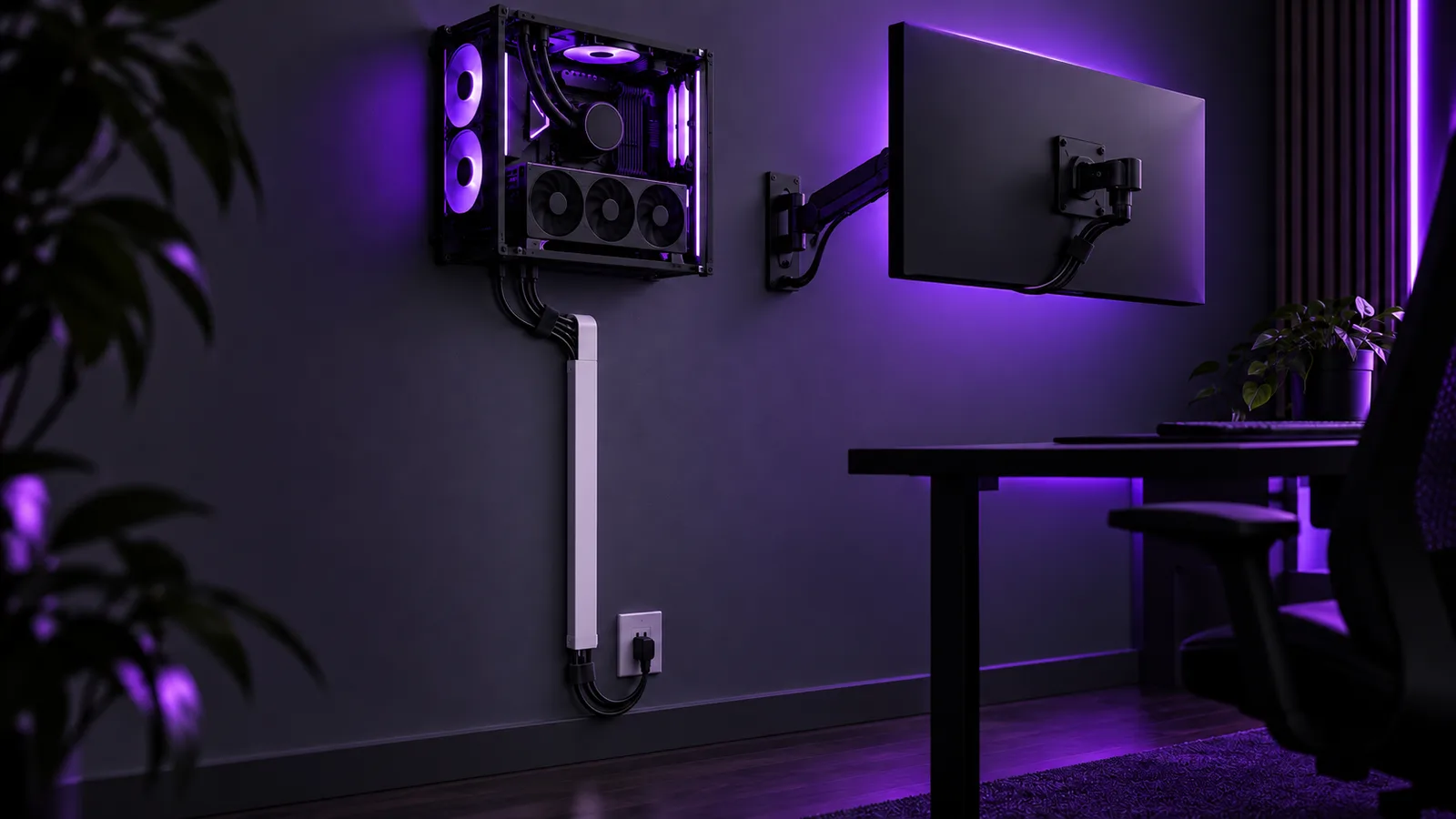 Surface cable raceway carrying power and monitor cables down a wall from a mounted PC to a floor outlet