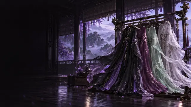 Several wuxia silk robes hanging in a dark wooden pavilion, sleeves lifted by the wind