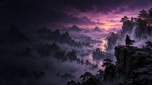 Misty wuxia mountain valley at dusk with a lone robed swordsman silhouette on a ridge