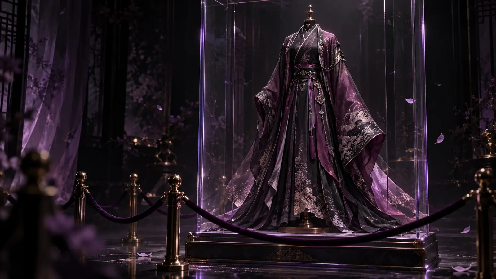 Ornate silk wuxia robe in a lit glass display case, evoking the game's costly premium outfits