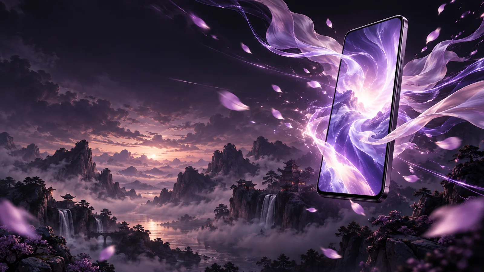 Phone floating over a misty wuxia valley with petals and silk streaming from its screen