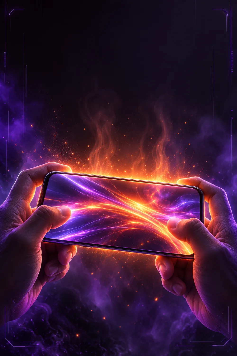 Phone held sideways in two hands with warm heat glow on its back and cool violet light around